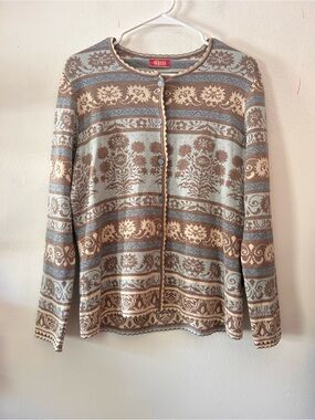 Oleana Norway Knit Cardigan XL Tan/ Blue Floral